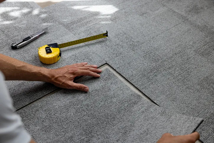 Worker laying carpet tile